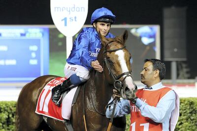 DUBAI , UNITED ARAB EMIRATES , MARCH 10  – 2017 :- Hawkbill (USA) ridden by William Buick  (no 11 ) won the 7th horse race 2410m turf held at Meydan Racecourse in Dubai. ( Pawan Singh / The National ) For Sports. Story by Amith
