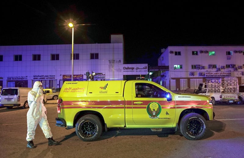 Abu Dhabi, United Arab Emirates, April 14, 2020.   Abu Dhabi Civil Defence and Police sterilisation drive in Mussafah.     Abu Dhabi First Responder teams useda fleet  of futuristic-looking equipment, which was originally rolled out to tackle fires, has now been redeployed as virus-fighting tech in the National Disinfection Programme.Equipped with swivel-mounted high-pressure jets, the fleet of special trucks helps to combat the streets of Coronavirus.Victor Besa / The NationalSection:  NAReporter:  Haneen Dajani