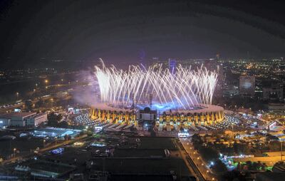 ABU DHABI, UNITED ARAB EMIRATES - March 14, 2019: A fireworks display marks the end of the opening ceremony of the Special Olympics World Games Abu Dhabi 2019, at Zayed Sports City. 

( Mohamed Al Raeesi for the Ministry of Presidential Affairs )
---