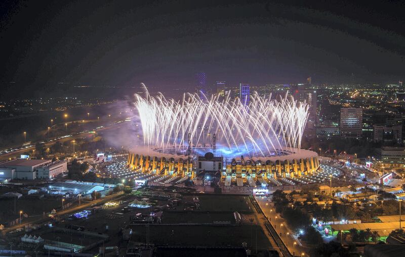 ABU DHABI, UNITED ARAB EMIRATES - March 14, 2019: A fireworks display marks the end of the opening ceremony of the Special Olympics World Games Abu Dhabi 2019, at Zayed Sports City. 

( Mohamed Al Raeesi for the Ministry of Presidential Affairs )
---