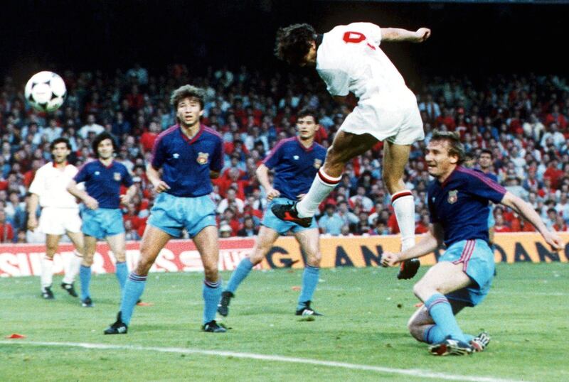 Van Basten rises high to power homes Milan's second goal in the 4-0 rout of Steaua Bucharest in Barcelona