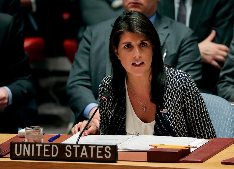 In this April 13, 2018, photo, Nikki Haley, U.S. ambassador to the United Nations, speaks during a Security Council meeting at United Nations headquarters. Haley is firing back against a Trump administration official who said she was suffering from "momentary confusion" when she announced new sanctions against Russia were imminent, saying, "With all due respect, I don't get confused." A striking intra-administration quarrel splayed out in public when National Economic Council Director Larry Kudlow told reporters Tuesday that Haley "got ahead of the curve" when she said the U.S. would be slapping sanctions on Russia on Monday. (AP Photo/Julie Jacobson)