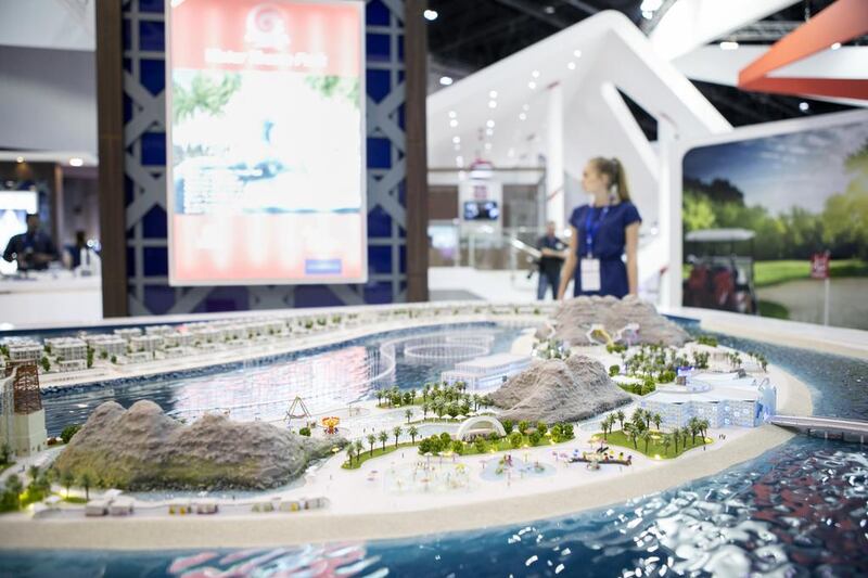 A mock up of the Crystal Lagoon Water theme park by Sharjah Oasis Real Estate Development on display at Cityscape Global. Reem Mohammed / The National