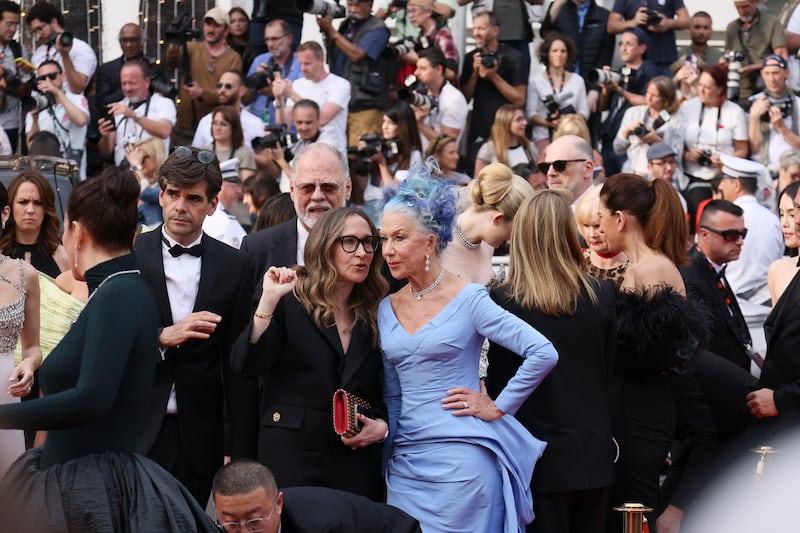 Helen Mirren appears on the red carpet at the 76th annual Cannes film festival. Getty