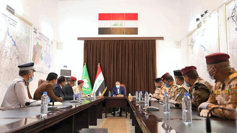 Prime Minister Mustafa Al Kadhimi meets military and security heads after arriving in Mosul six years after ISIS captured the city. Iraqi PM Media Office HO