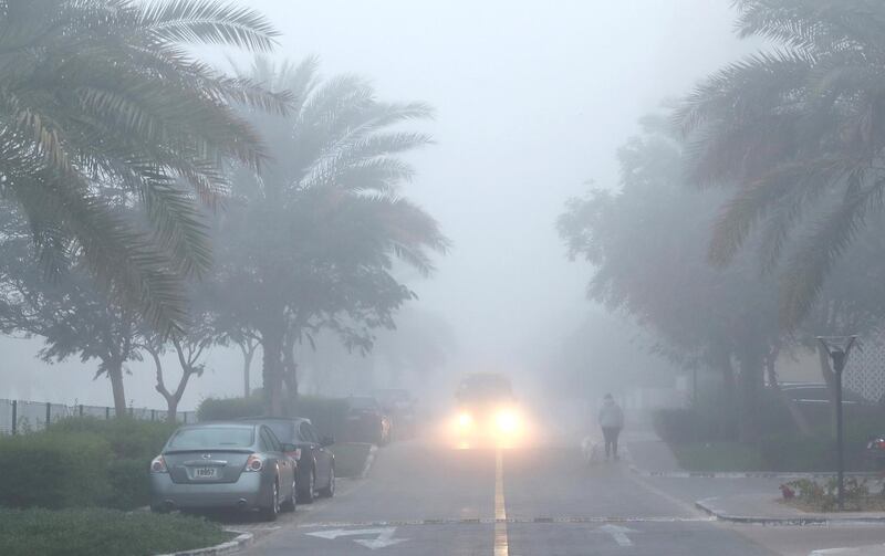 DUBAI , UNITED ARAB EMIRATES , March 14 – 2019 :- View of the early morning fog in Masakin Al Furjan area in Dubai. ( Pawan Singh / The National ) For News/Instagram/Online