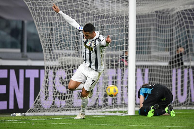 TURIN, ITALY - NOVEMBER 21: Cristiano Ronaldo of Juventus scores goal celebrates goal during the Serie A match between Juventus and Cagliari Calcio at Allianz Stadium on November 21, 2020 in Turin, Italy. (Photo by Chris Ricco/Getty Images)