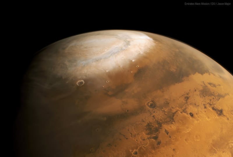 An image of the Martian polar ice cap taken by the UAE’s Hope probe and processed by graphic designer Jason Major. Photo: Emirates Mars Mission / Jason Major