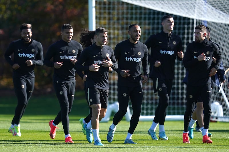 Chelsea's Reece James, Thiago Silva, Cesar Azpilicueta, Pierre-Emerick Aubameyang, Kai Havertz and Jorginho during a training at Cobham on the eve of their Champions League game against AC Milan. PA