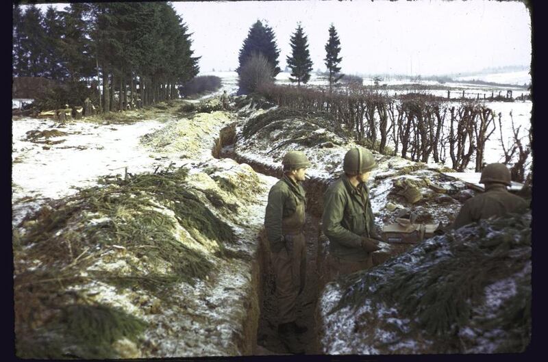 American troops manning trenches in the northern Ardennes Forest during the Battle of the Bulge, the last major German offensive of the Second World War. George Silk / Time Life Pictures / Getty Images

