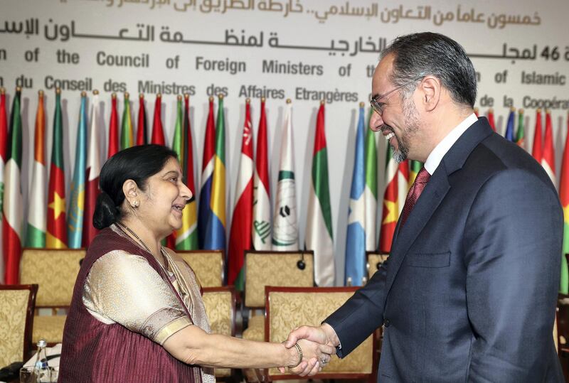 Abu Dhabi, United Arab Emirates - March 01, 2019: Indian Foreign Minister Sushma Swaraj at the OIC Ministerial Meeting. Friday the 1st of March 2019 at Emirates Palace, Abu Dhabi. Chris Whiteoak / The National