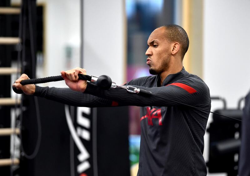 KIRKBY, ENGLAND - NOVEMBER 19: (THE SUN OUT, THE SUN ON SUNDAY OUT) Fabinho of Liverpool during a gym training session at AXA Training Centre on November 19, 2020 in Kirkby, England. (Photo by Andrew Powell/Liverpool FC via Getty Images)