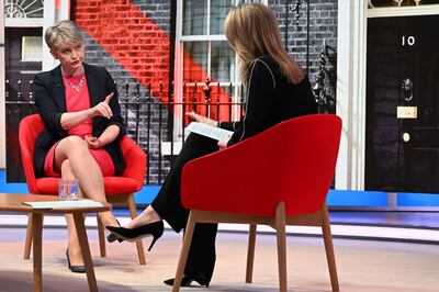 Labour Party shadow home secretary Yvette Cooper, left, appears on the BBC's Sunday Morning political television show with presenter Laura Kuenssberg. AFP