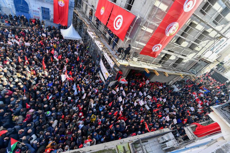 Demonstrators during an anti-government rally called by the UGTT trade union in Tunis, on Saturday.  AFP