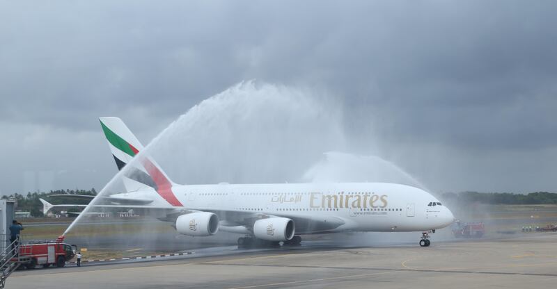 The one-off Emirates A380 flight gets the traditional water cannon salute on its arrival at Colombo's Bandaranaike International Airport. Courtesy Emirates