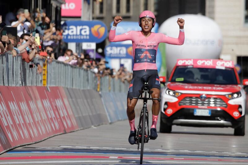 Egan Bernal celebrates as he completes the final stage to win the Giro d'Italia in Milan on Sunday, May 30, 2021. AP