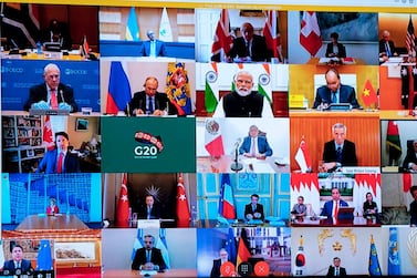 The G20 leaders' virtual meeting in March. The group' finance chiefs on Wednesday agreed to suspend debt payments from the world's poorest nations struggling to deal with the coronavirus fallout. EPA