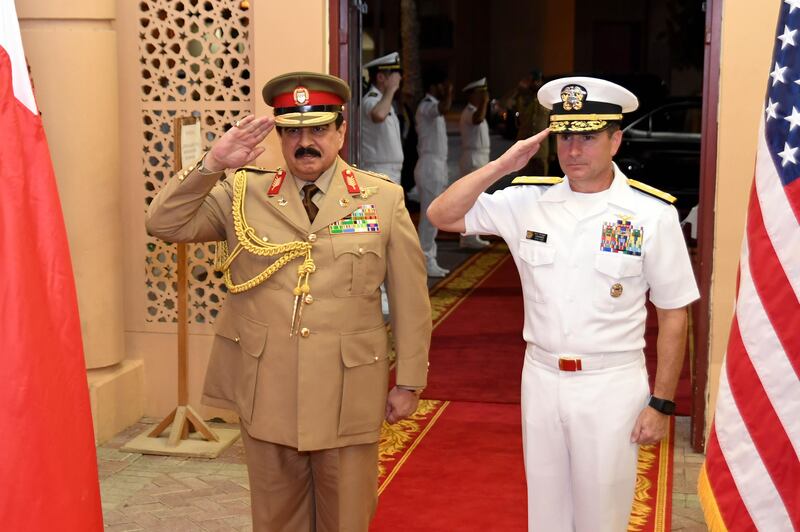 170612-N-TB177-079 MANAMA, Bahrain (June 12, 2017) His Majesty, King Hamad bin Isa Al Khalifa, the King of the Kingdom of Bahrain, and Vice Adm. Kevin M. Donegan, commander of U.S. 5th Fleet salute during the Kingdom of Bahrain���s national anthem after arriving to discuss operations in the U.S. 5th Fleet area of operations and coalition operations to defeat ISIS, June 12. The King was accompanied by two of his sons, His Highness Brig. Gen. Shaikh Nasser bin Hamad Al Khalifa, Commander of the Royal Guard, and His Highness Maj. Shaikh Khaled bin Hamad Al Khalifa, Commander of the Royal Guard Special Force; the Commander-in-Chief of the Bahrain Defense Force, His Excellency Field Marshal Shaikh Khalifa bin Ahmed Al Khalifa; and the Commander of the Bahraini Royal Navy, His Excellency Rear Adm. Shaikh Khalifa bin Abdullah Al Khalifa. Bahrain has been a partner with the United States in regional maritime security for nearly 70 years.  (U.S. Navy photo by Mass Communication Specialist 2nd Class Kevin Steinberg)