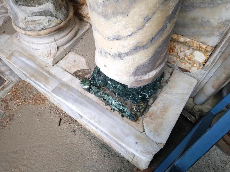 A detail of the base of a column in the Basilica of San Marco, damaged by last week's flooding in Venice last week. Emilano Crespi / EPA