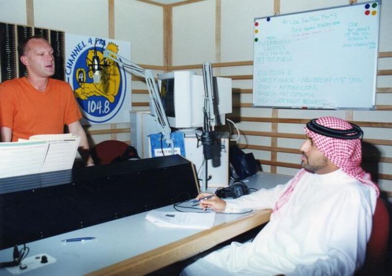 Channel4 FM presenter Jonathan Miles on air during his drivetime show at the station at some time between 1998 and 2001.