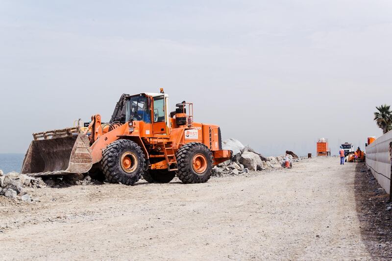 Dubai, UAE. March 7th 2016. Construction on a new walkway along the outer edge of the Palm Island, which is still under construction. Alex Atack for The National. *** Local Caption ***  AA_070316_PalmDubaiStock-9.jpg