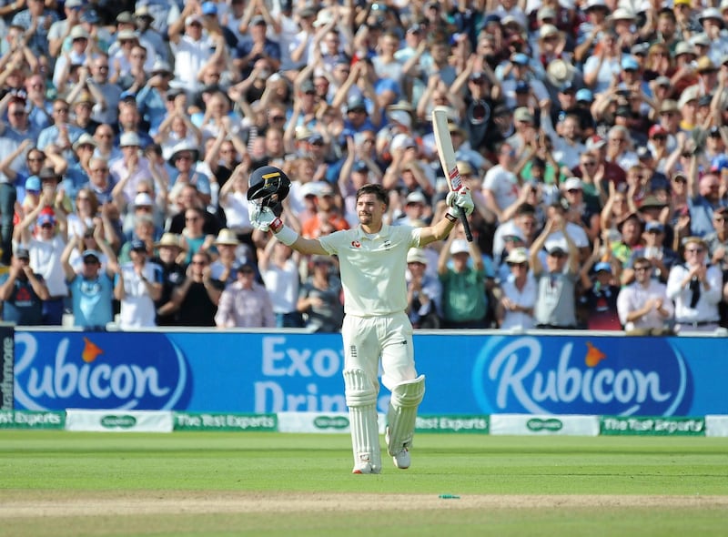 England's Rory Burns celebrates after scoring a century during the second day of the first Ashes Test cricket match between England and Australia at Edgbaston in Birmingham, England, Friday, Aug. 2, 2019. (AP Photo/Rui Vieira)