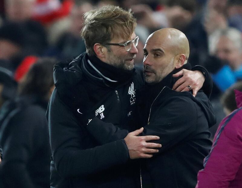 Soccer Football - Premier League - Liverpool vs Manchester City - Anfield, Liverpool, Britain - January 14, 2018   Liverpool manager Juergen Klopp shakes hands with Manchester City manager Pep Guardiola after the match    Action Images via Reuters/Carl Recine    EDITORIAL USE ONLY. No use with unauthorized audio, video, data, fixture lists, club/league logos or "live" services. Online in-match use limited to 75 images, no video emulation. No use in betting, games or single club/league/player publications.  Please contact your account representative for further details.