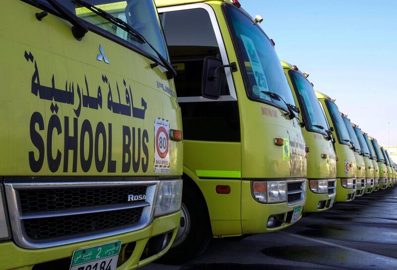 Abu Dhabi, United Arab Emirates, March 12, 2020.  A fleet of school buses are parked at The International School of Choueifat-Khalifa City after classes have been suspended due to the coronavirus. Victor Besa / The National
Section:  NA standalone
Reporter: