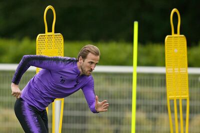 Tottenham's Harry Kane runs during the Tottenham Hotspur soccer team media open day training session, in London, Monday, May 27, 2019, ahead of their Champions League Final against Liverpool on Saturday in Madrid. (AP Photo/Tim Ireland)