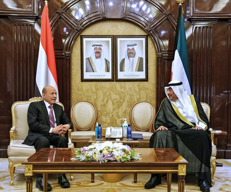 Kuwaiti Prime Minister Sheikh Sabah Al Khalid Al Sabah (R) meets Rashad Al Alimi, President of Yemen's new leadership council, in Kuwait City. Kuna