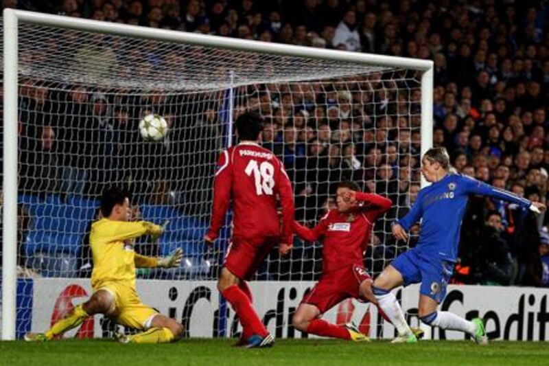 Chelsea's Fernando Torres scores his side's fourth against Nordsjaelland.