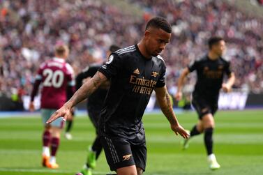 Arsenal's Gabriel Jesus celebrates scoring their side's first goal of the game during the Premier League match at the London Stadium, London. Picture date: Sunday April 16, 2023.