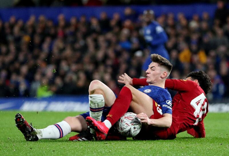 Chelsea's Billy Gilmour in action with Liverpool's Curtis Jones. Reuters