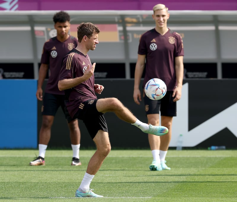 Thomas Muller during Germany's training session at the Al Shamal Stadium on Saturday. Getty
