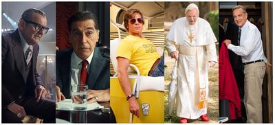 This combination of photos shows best supporting actor Oscar nominees, from left, Joe Pesci in "The Irishman," Al Pacino in "The Irishman," Brad Pitt in "Once Upon a Time...in Hollywood," Anthony Hopkins in "The Two Popes," and Tom Hanks in "A Beautiful Day in the Neighborhood."  The 92nd Academy Awards will take place Feb. 9 in Los Angeles at the Dolby Theatre.(Netflix/Netflix/Sony/Netflix/Sony via AP)