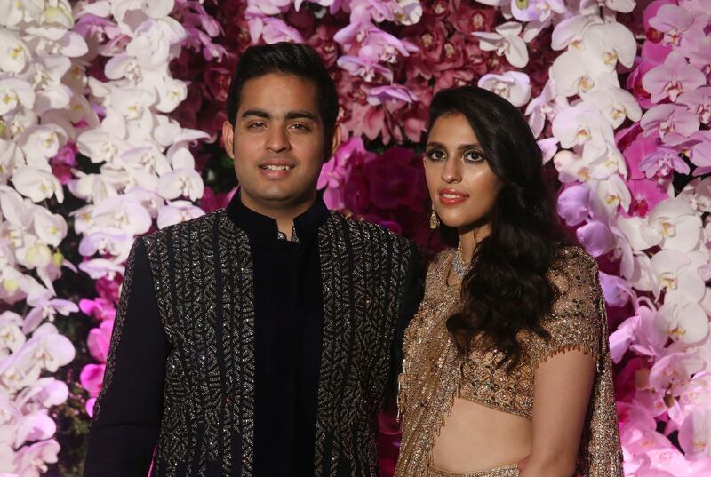 Akash Ambani, son of Mukesh Ambani, Chairman of Reliance Industries, and his wife Shloka Mehta. Photo: Reuters
