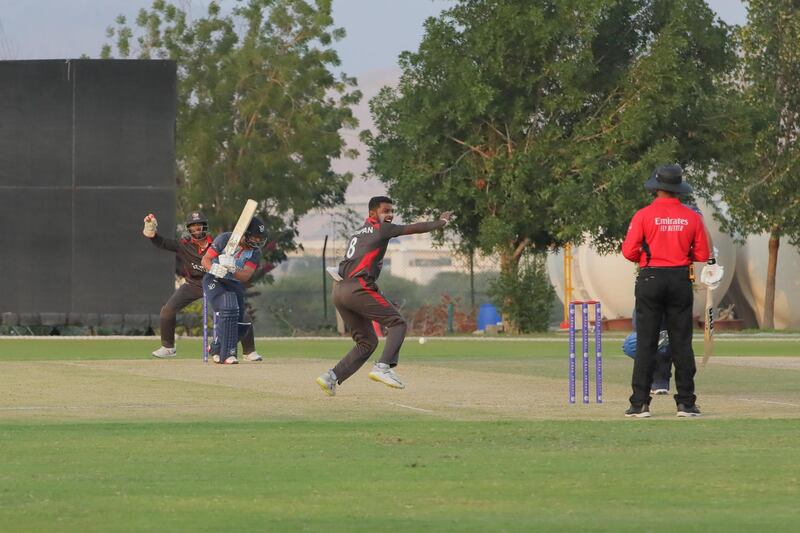 Karthik Meiyappan returned figures of 4-37 in nine overs in the UAE's eight-run win over Namibia in their Cricket World Cup League Two match on Monday. Courtesy Oman Cricket
