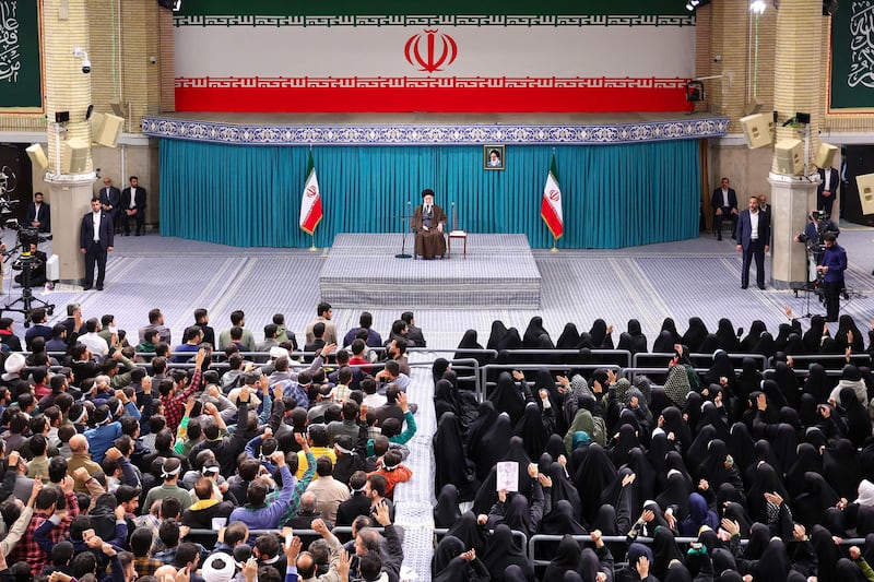 Iranian supreme leader Ayatollah Ali Khamenei meets young people who can vote for the first time, before Friday's parliamentary election, in Tehran.  FP