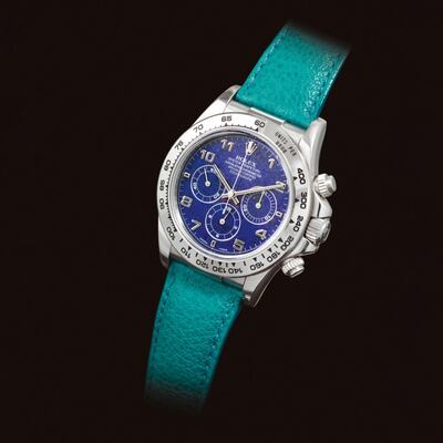 The exceptionally rare platinum and lapis lazuli Daytona Rolex has sold at auction for more than Dh12 million. Courtesy Sotheby's