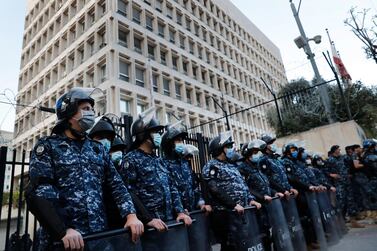 Lebanese riot police outside Lebanon's central bank, where protesters took place in April. Auditing firm Alvarez & Marsal contracted by Lebanon's government to conduct a forensic audit of the central bank pulled out the deal because it was not able to acquire needed information. AP