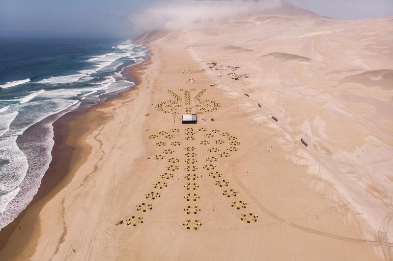 Aerial view of the bivouac on the eve of the start of the 2nd Half Marathon of Sables Ica Desert - Peru in Paracas.  AFP