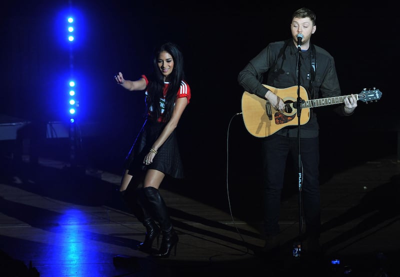 Nicole Scherzinger and James Arthur at the UK's Middlesbrough Town Hall as 'The X Factor' winner returned to play a free homecoming gig. Getty Images