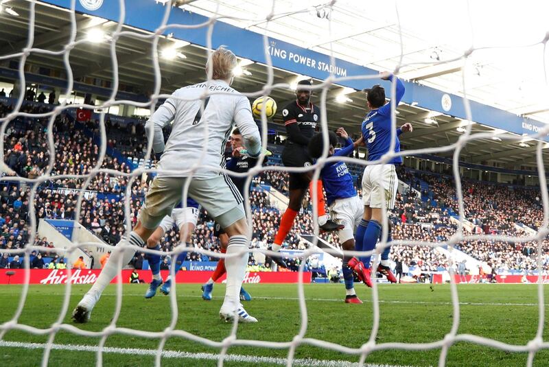 Chelsea's Antonio Rudiger scores their first goal at Leicester City. Reuters