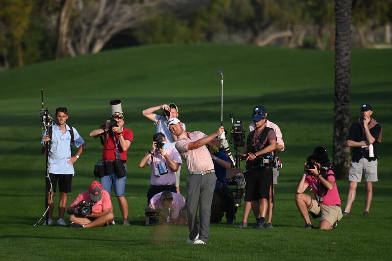 Justin Harding hits his third shot on the 18th hole during day three of the Slync.io Dubai Desert Classic at Emirates Golf Club. Getty