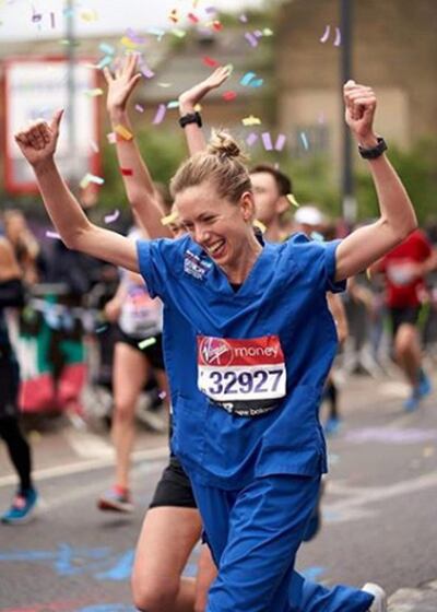Undated handout photo issued by Eric Tolentino of Jessica Anderson running the London Marathon in her Nurse’s uniform. An NHS nurse who was told her marathon world record attempt would only count if she completed the race wearing a skirt has seen the decision overturned after it sparked outrage online. ... Marathon record for Nurse overturned ... 07-05-2019 ... London ... UK ... Photo credit should read: Eric Tolentino/Press Association Images. Unique Reference No. 42728353 ... Issue date: Tuesday May 7, 2019. Guinness World Records (GWR) said its guidelines for the fastest marathon wearing a nurse's uniform were "outdated" and "incorrect" and have now awarded Jessica Anderson the title. See PA story SOCIAL Nurse. Photo credit should read: Eric Tolentino/PA Wire NOTE TO EDITORS: This handout photo may only be used in for editorial reporting purposes for the contemporaneous illustration of events, things or the people in the image or facts mentioned in the caption. Reuse of the picture may require further permission from the copyright holder.