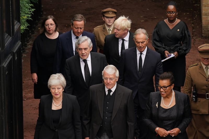 Former British prime ministers Theresa May and John Major, with Patricia Janet Scotland, Baroness Scotland of Asthal, arrive ahead of the proclamation of King Charles III. Both May and Scotland wore pearls for the ceremony. AFP