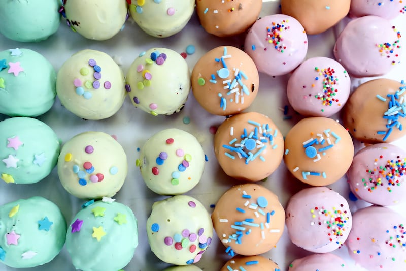 Easter truffles are available in chocolate and red velvet varieties and come in pastel colours.