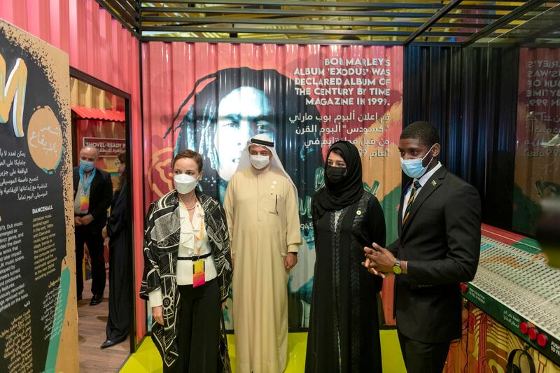 Reem Al Hashimy, Minister of State for International Co-operation and managing director for Expo 2020, Jamaican Minister of Foreign Affairs and Foreign Trade Kamina Johnson Smith, left, and Najeeb Mohammed Al Ali, executive director, Commissioner General Office, Expo 2020, are given a tour of the Jamaica pavilion. Expo 2020 Dubai