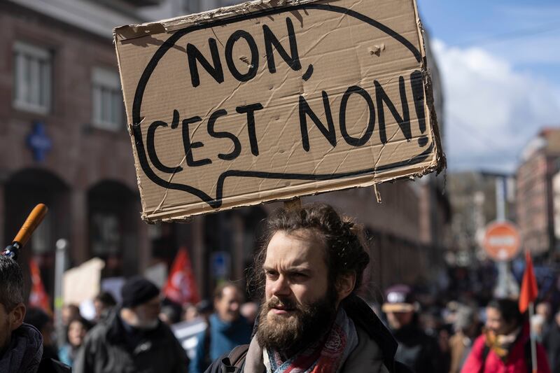 Protesters march during a demonstration in Strasbourg, eastern France. AP