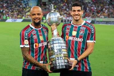 Felipe Melo and Nino of Fluminense pose with the Copa Libertadores on November 22, 2023 in Rio de Janeiro, Brazil. Getty 